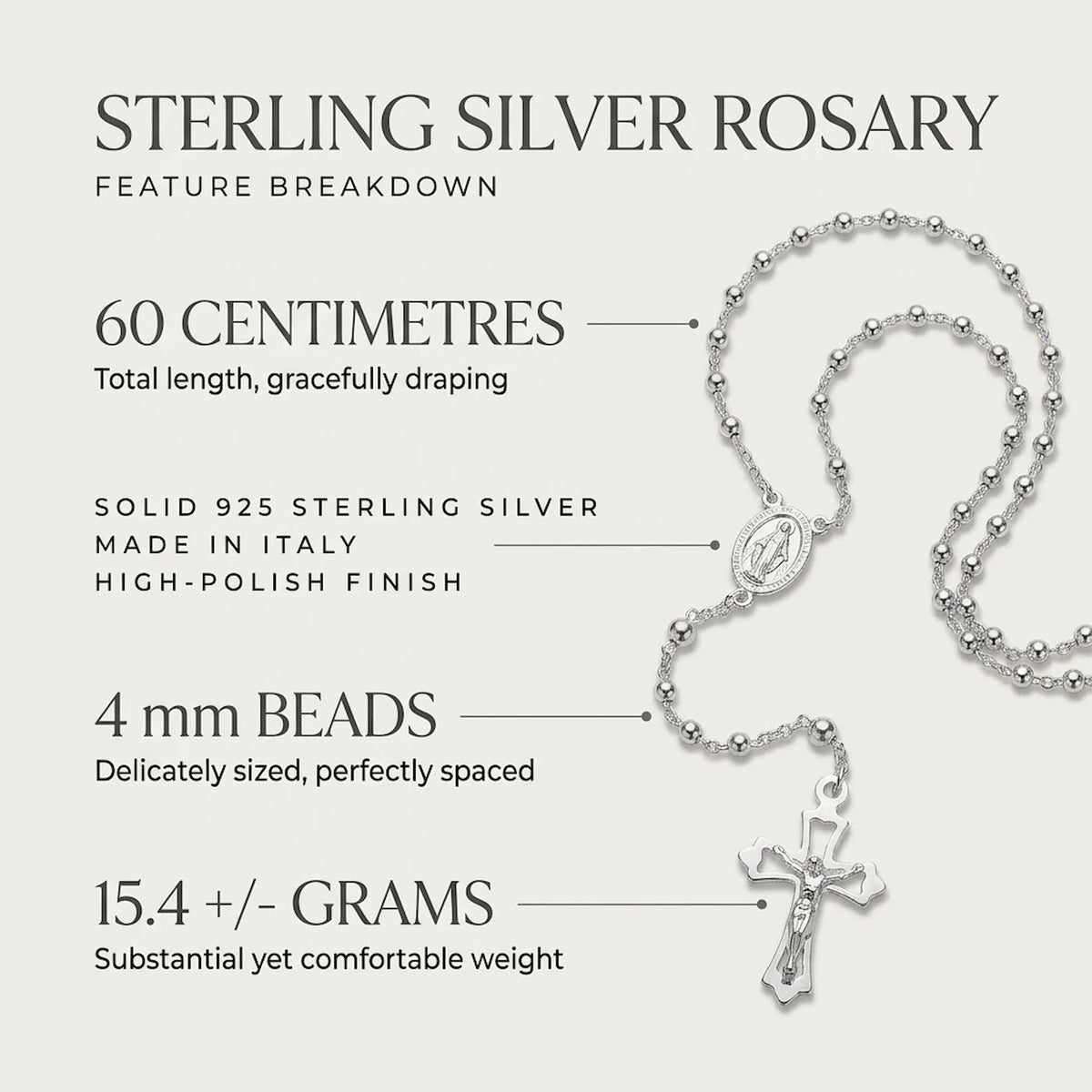 Rosary product feature image identifying 60 cm length, solid 4 mm silver beads, Italian origin and approximately 15.4 g weight.