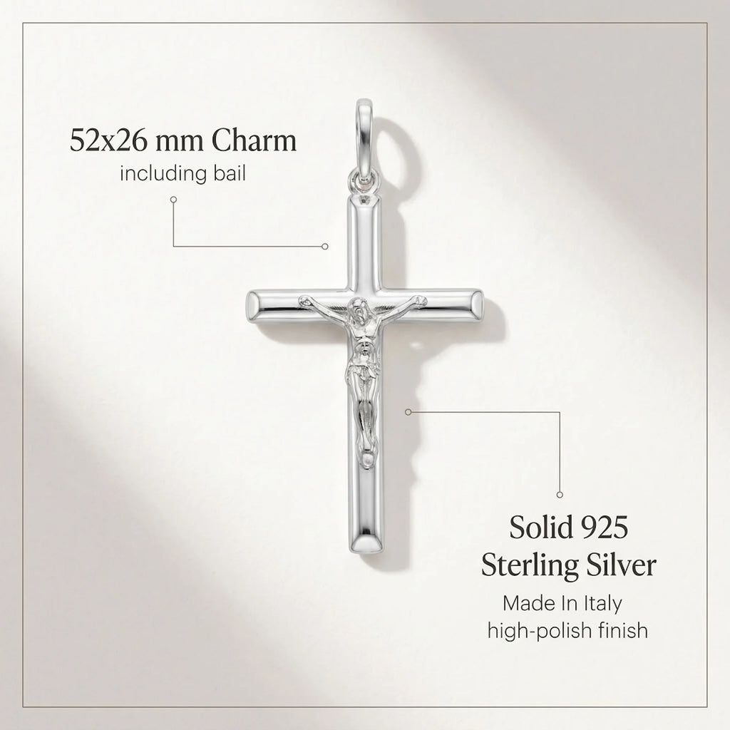 925 sterling silver crucifix pendant size infographic showing 52 × 26 mm, solid construction and Made in Italy origin.