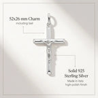 925 sterling silver crucifix pendant size infographic showing 52 × 26 mm, solid construction and Made in Italy origin.