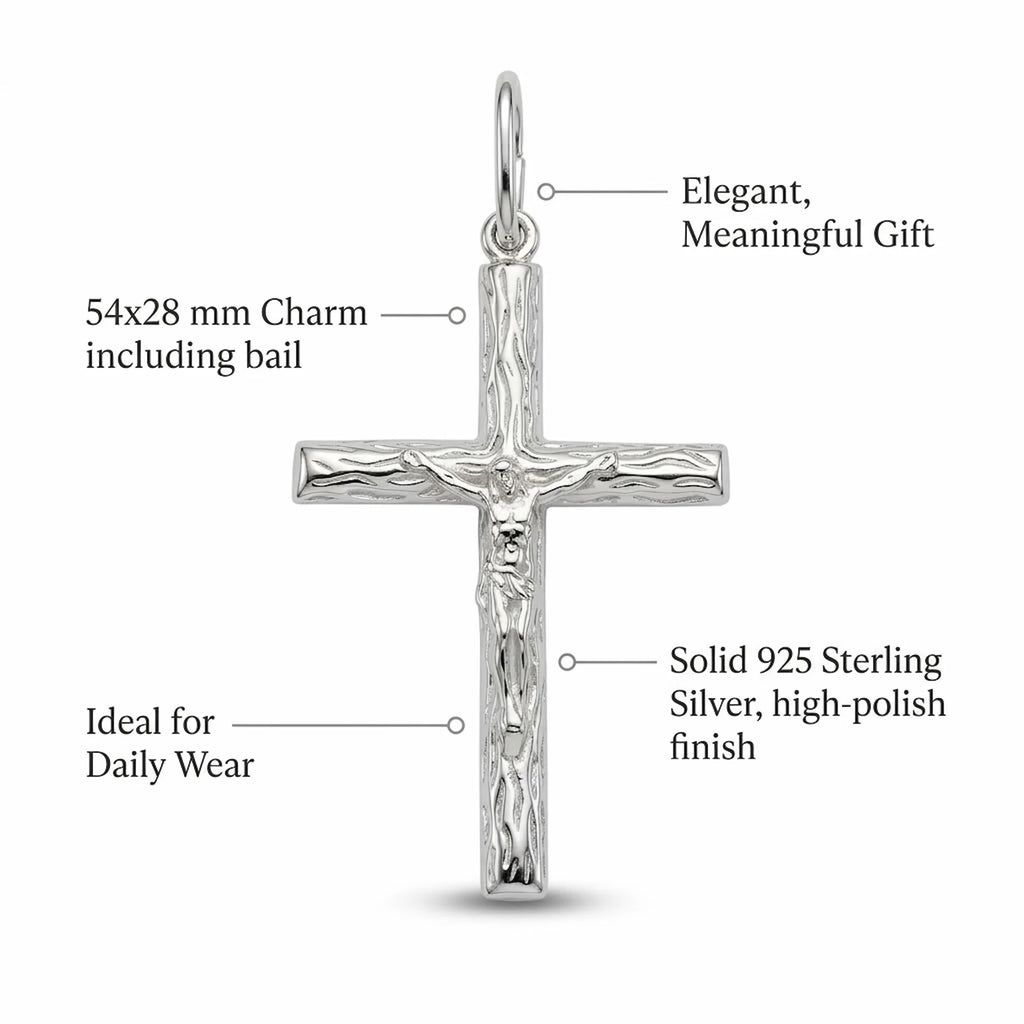 Solid 925 sterling silver crucifix pendant infographic showing 54 × 28 mm size, polished finish and daily-wear design in Dubai.