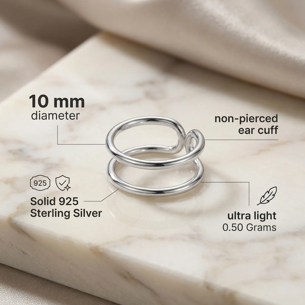 925 silver ear cuff specs — 10mm diameter, 0.50g weight, high polish finish infographic