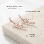 Technical infographic breaking down the silver ear cuff features, highlighting its 10mm diameter, 925 sterling silver, and 0.50g weight.