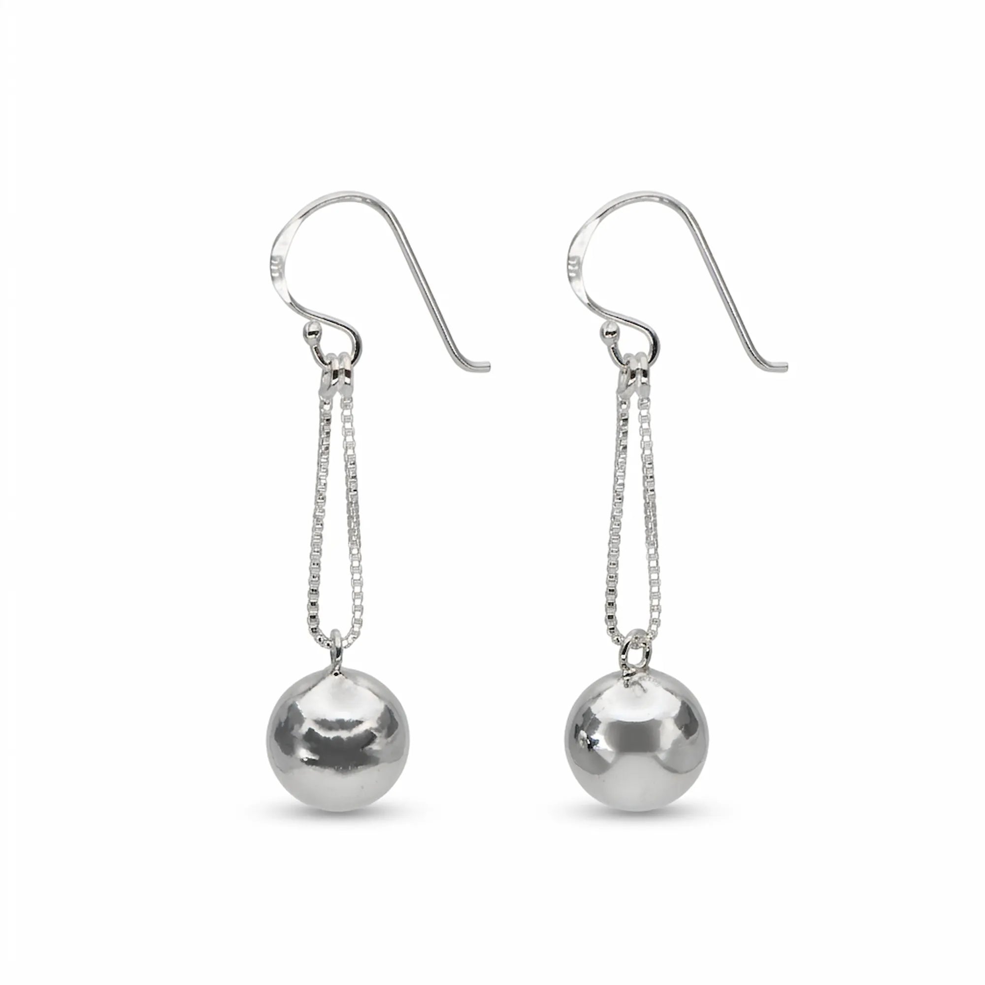 Sphere drop earrings in 925 sterling silver with double box chain and shepherd hook, front view on white background
