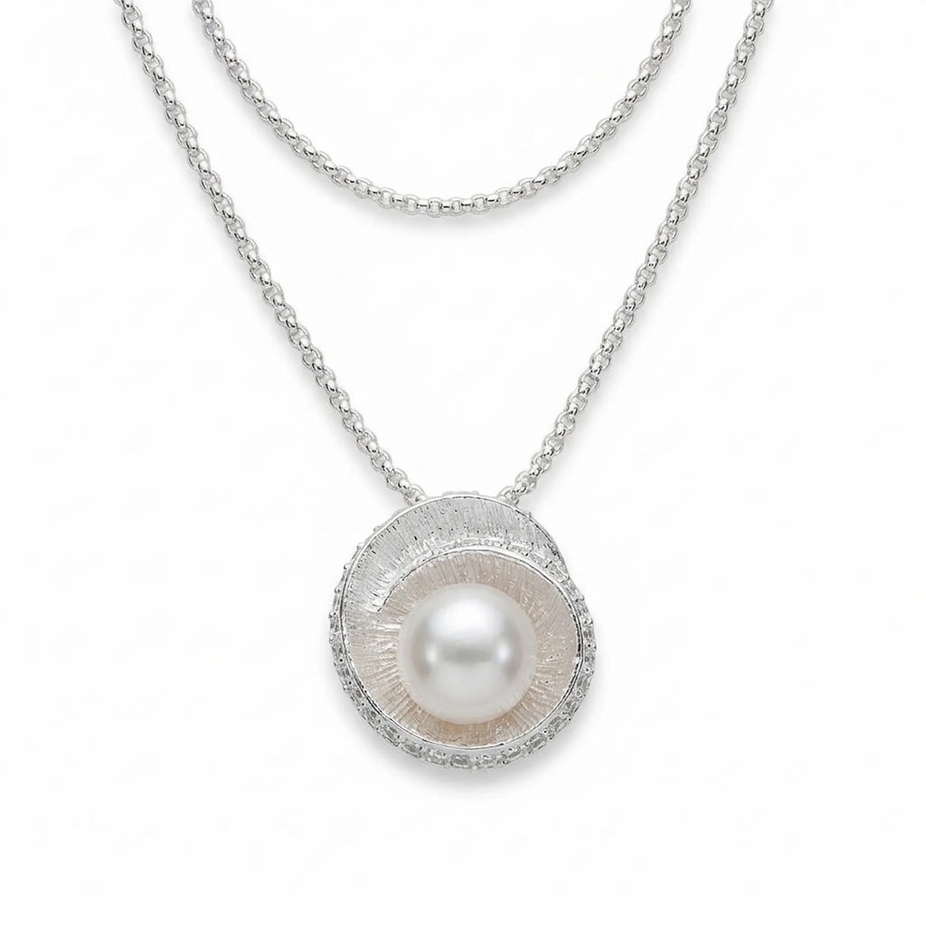 925 sterling silver spiral halo pearl pendant on popcorn chain, white background, Dubai