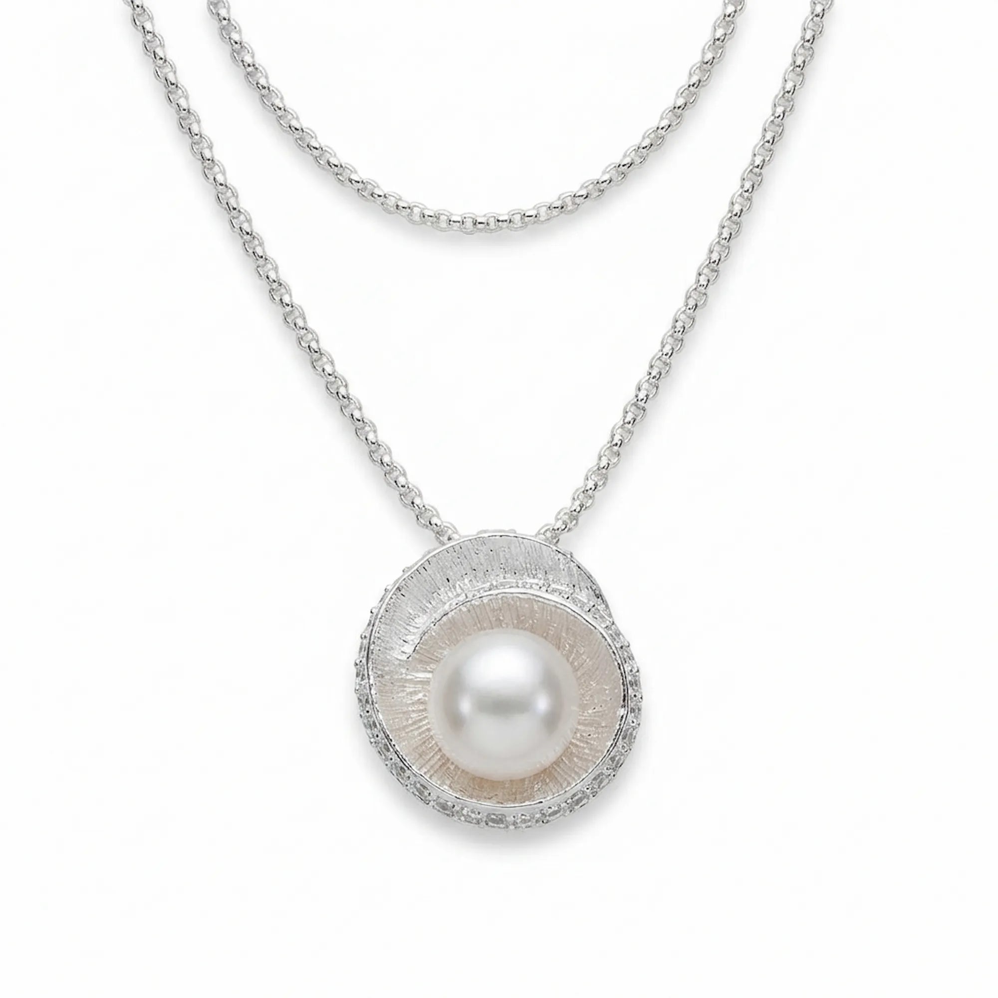 925 sterling silver spiral halo pearl pendant on popcorn chain, white background, Dubai