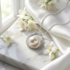 Spiral pearl halo pendant on marble with white jasmine flowers, bridal lifestyle shot