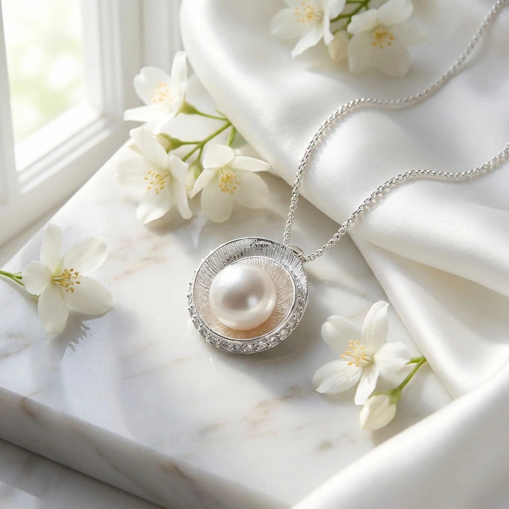 Spiral pearl halo pendant on marble with white jasmine flowers, bridal lifestyle shot