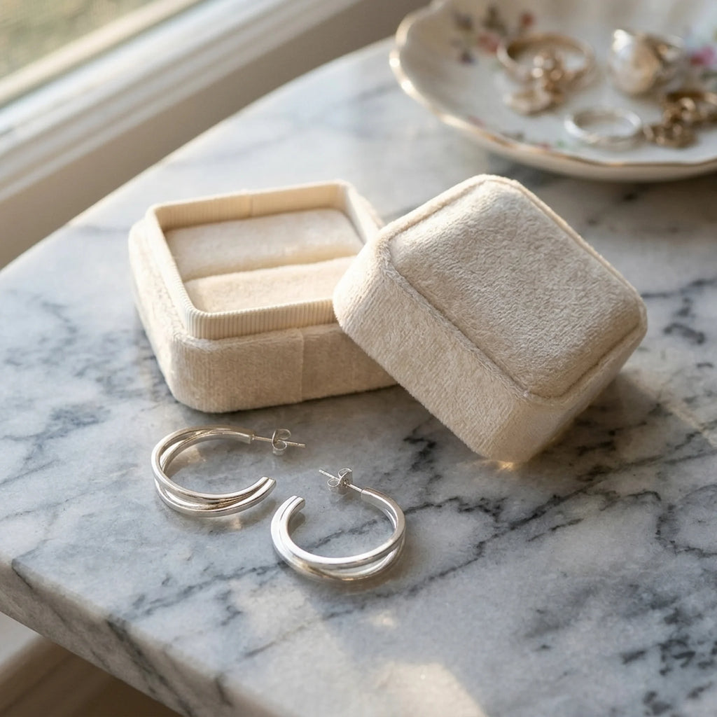 925 sterling silver split hoop earrings resting beside a velvet jewelry box, available for delivery in Dubai.