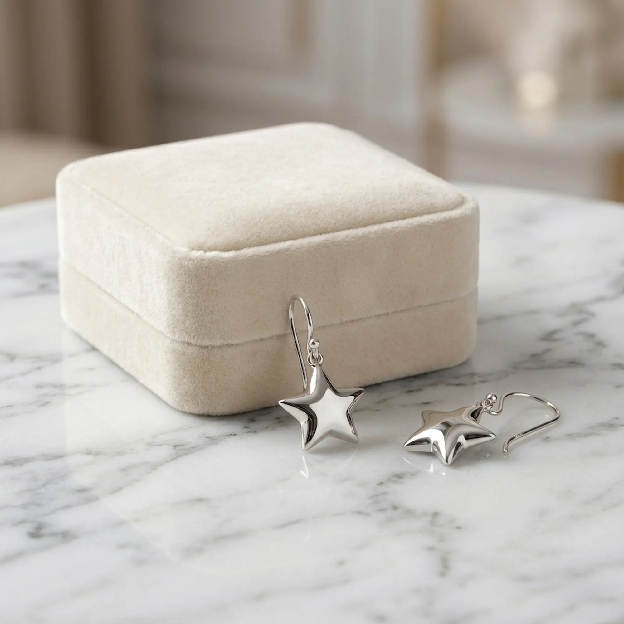 Silver star drop earrings displayed beside a Luna Dura cream velvet gift box on a white marble surface