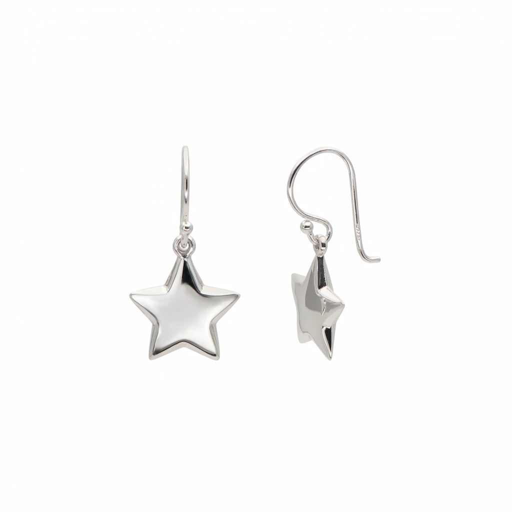 Puffed star drop earrings in 925 sterling silver with mirror-polish finish, front and side view on white background