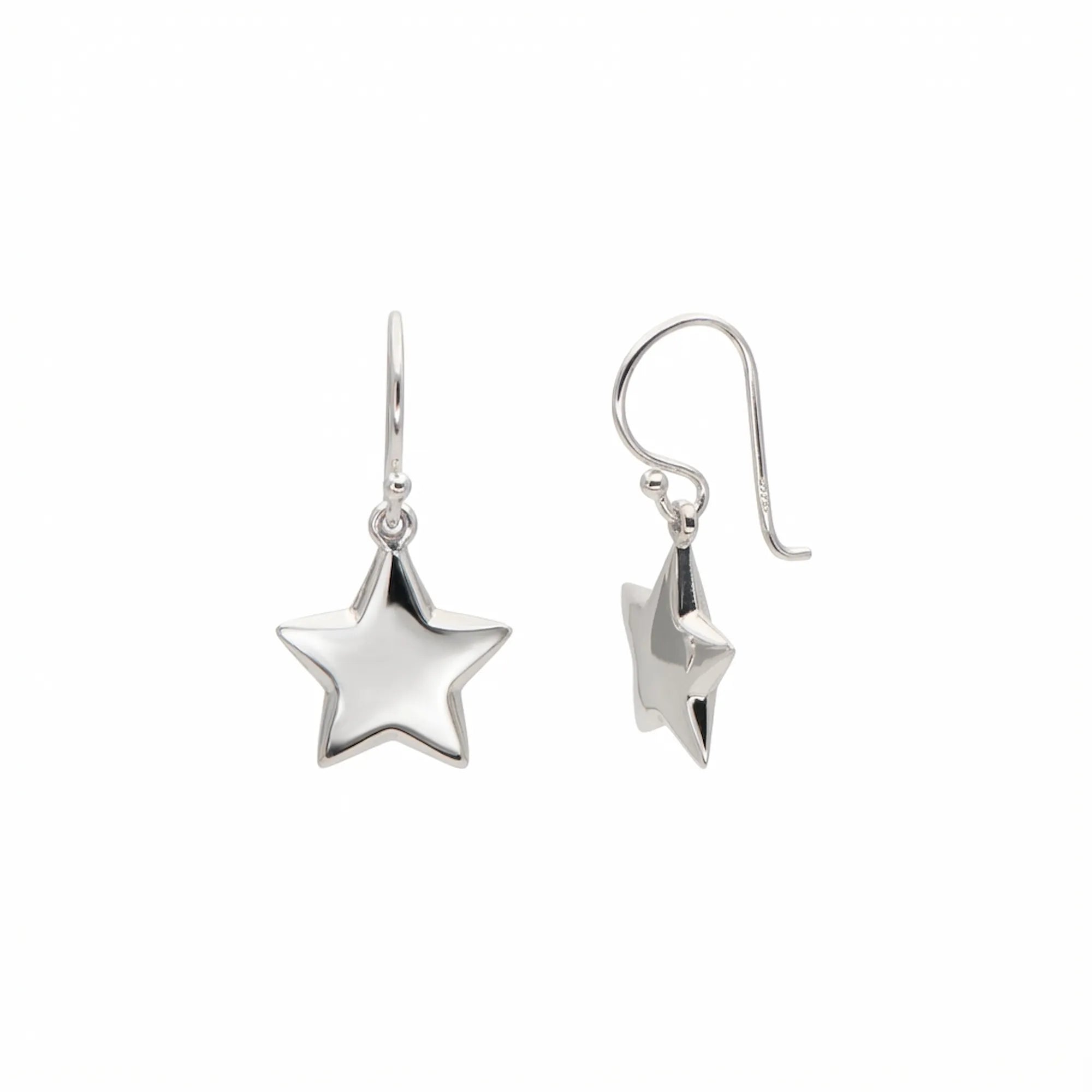 Puffed star drop earrings in 925 sterling silver with mirror-polish finish, front and side view on white background