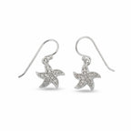 Starfish drop earrings, pave cubic zirconia five-point starfish on shepherd hooks, rhodium 925 silver, Dubai