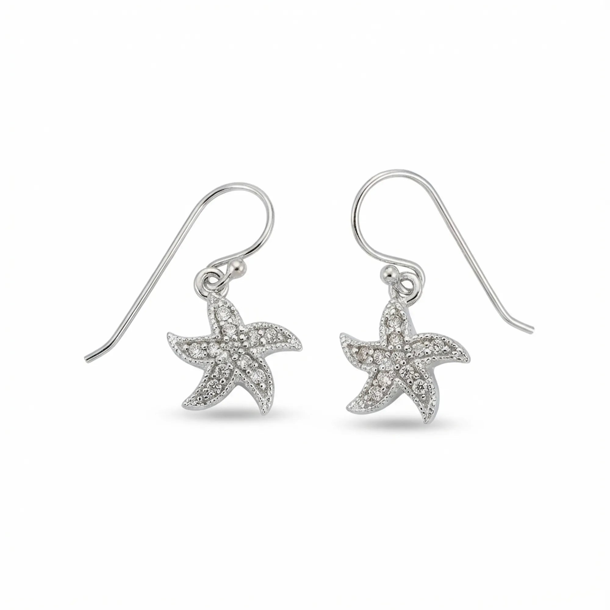 Starfish drop earrings, pave cubic zirconia five-point starfish on shepherd hooks, rhodium 925 silver, Dubai