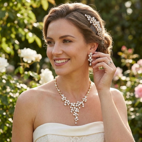 Bride wearing an 18k gold-plated cubic zirconia statement waterfall Y-necklace and earring suite outdoors in Dubai.