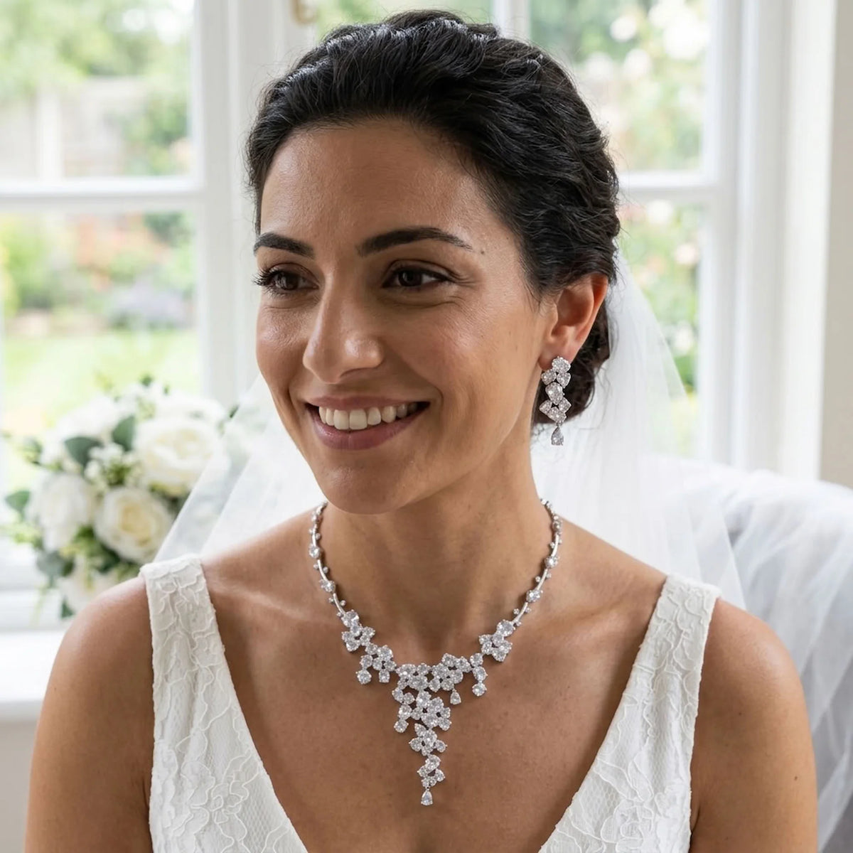Bride wearing a statement rhodium-plated cubic zirconia waterfall Y-necklace and earring suite indoors in Dubai.