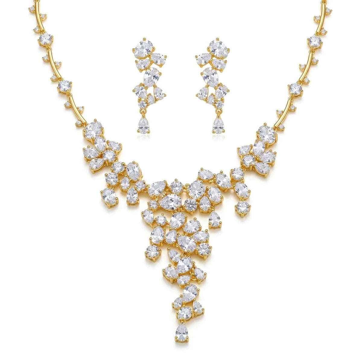 18k gold-plated cubic zirconia statement waterfall Y-necklace and earrings set displayed on a white background in Dubai.