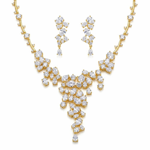 18k gold-plated cubic zirconia statement waterfall Y-necklace and earrings set displayed on a white background in Dubai.