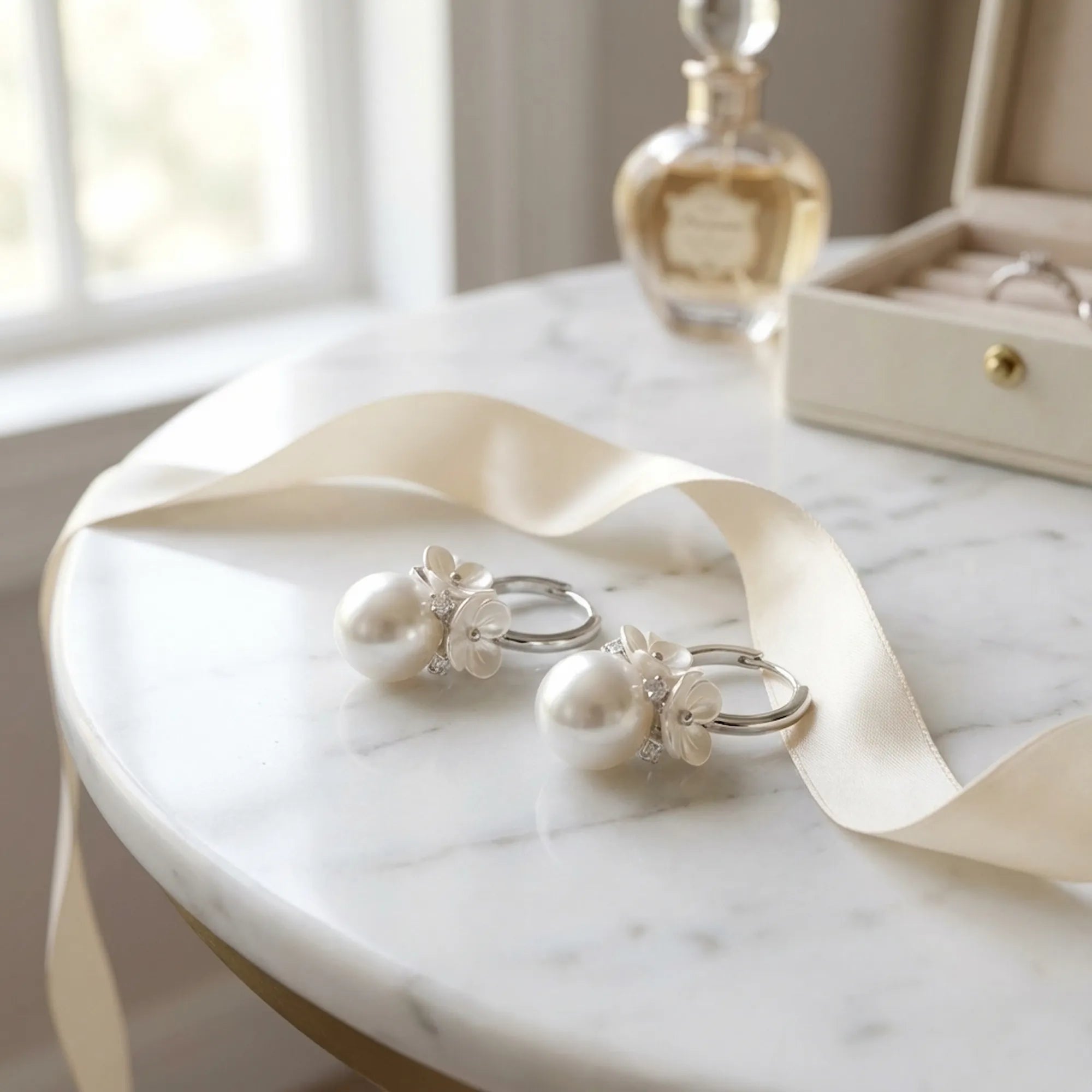 Close-up of our sterling silver and cubic zirconia earrings showing the flawless rhodium finish and pristine pearl drop.