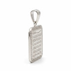 Angled view of a 925 sterling silver Ayat Al Kursi rounded-square pendant with polished frame and halo border.