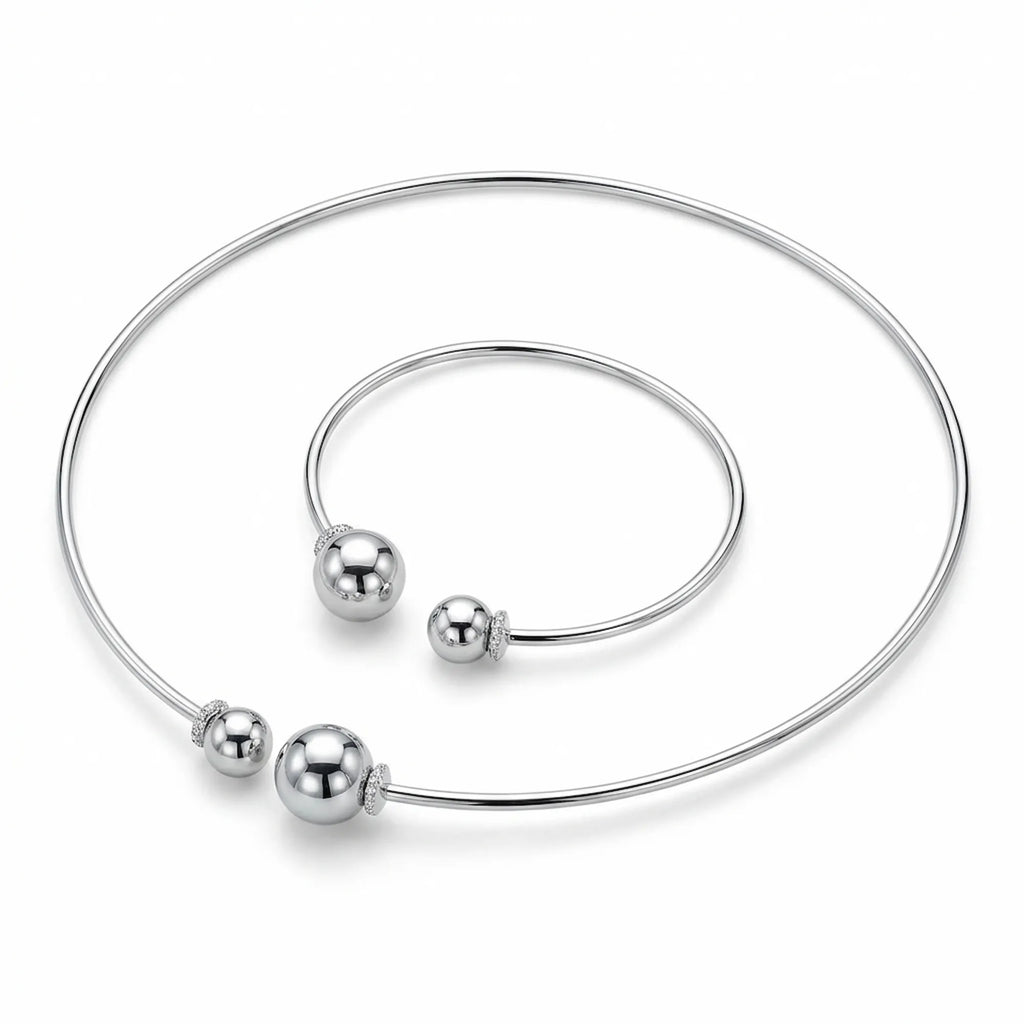 Top down view of the open bangle set and sterling silver choker showcasing the symmetrical double halo cz details.