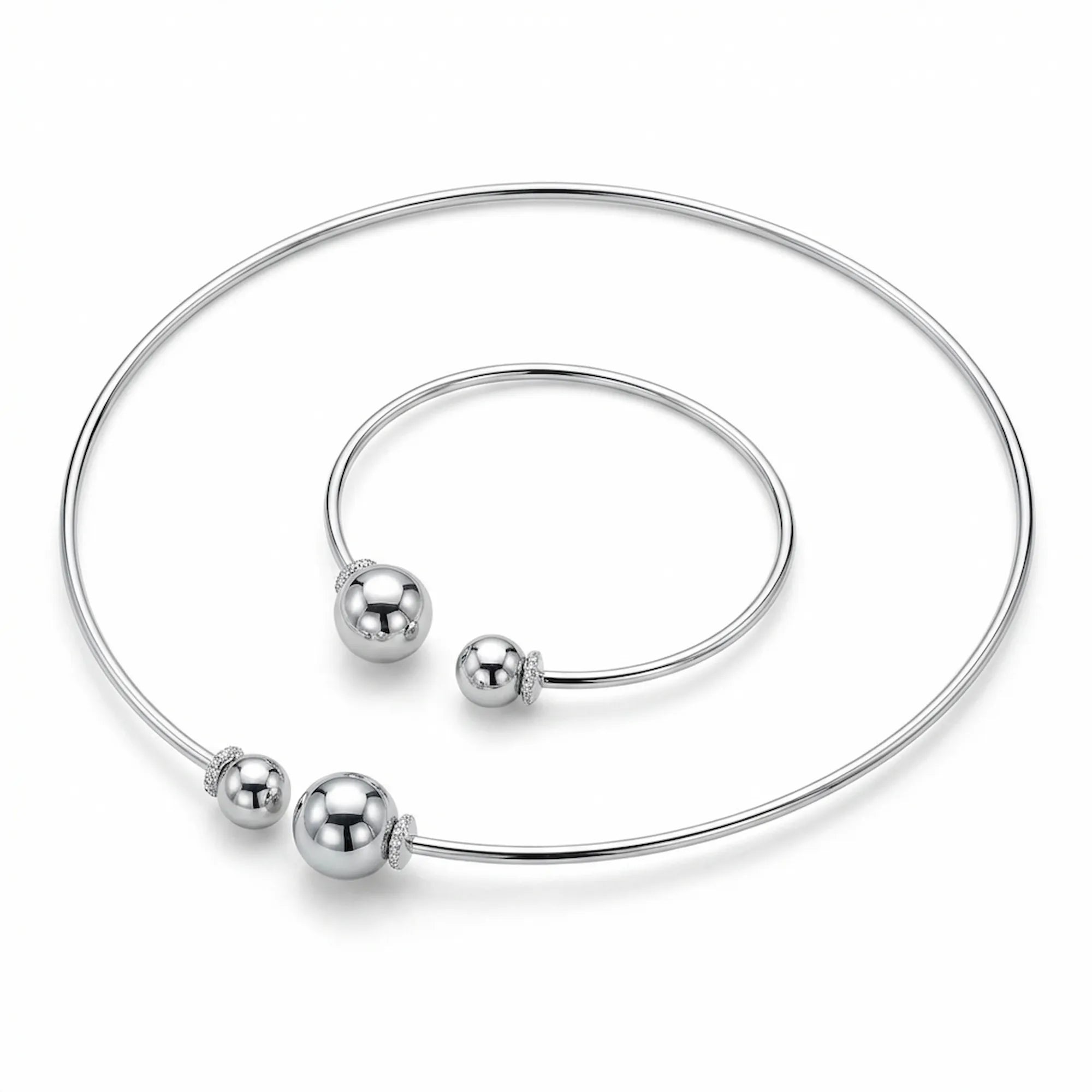 Top down view of the open bangle set and sterling silver choker showcasing the symmetrical double halo cz details.