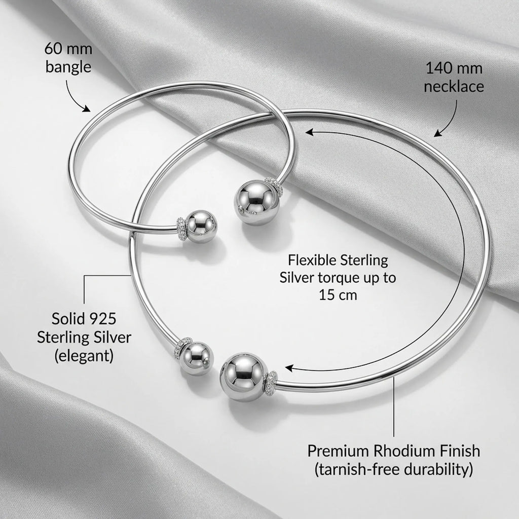 Infographic detailing the premium rhodium finish, 925 material, and specific millimeter dimensions of the sterling silver choker and bangle.