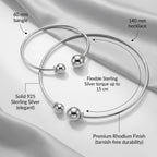 Infographic detailing the premium rhodium finish, 925 material, and specific millimeter dimensions of the sterling silver choker and bangle.