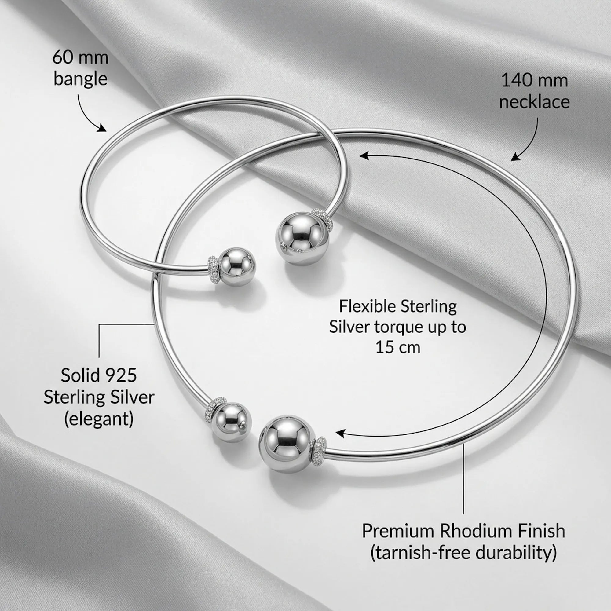 Infographic detailing the premium rhodium finish, 925 material, and specific millimeter dimensions of the sterling silver choker and bangle.