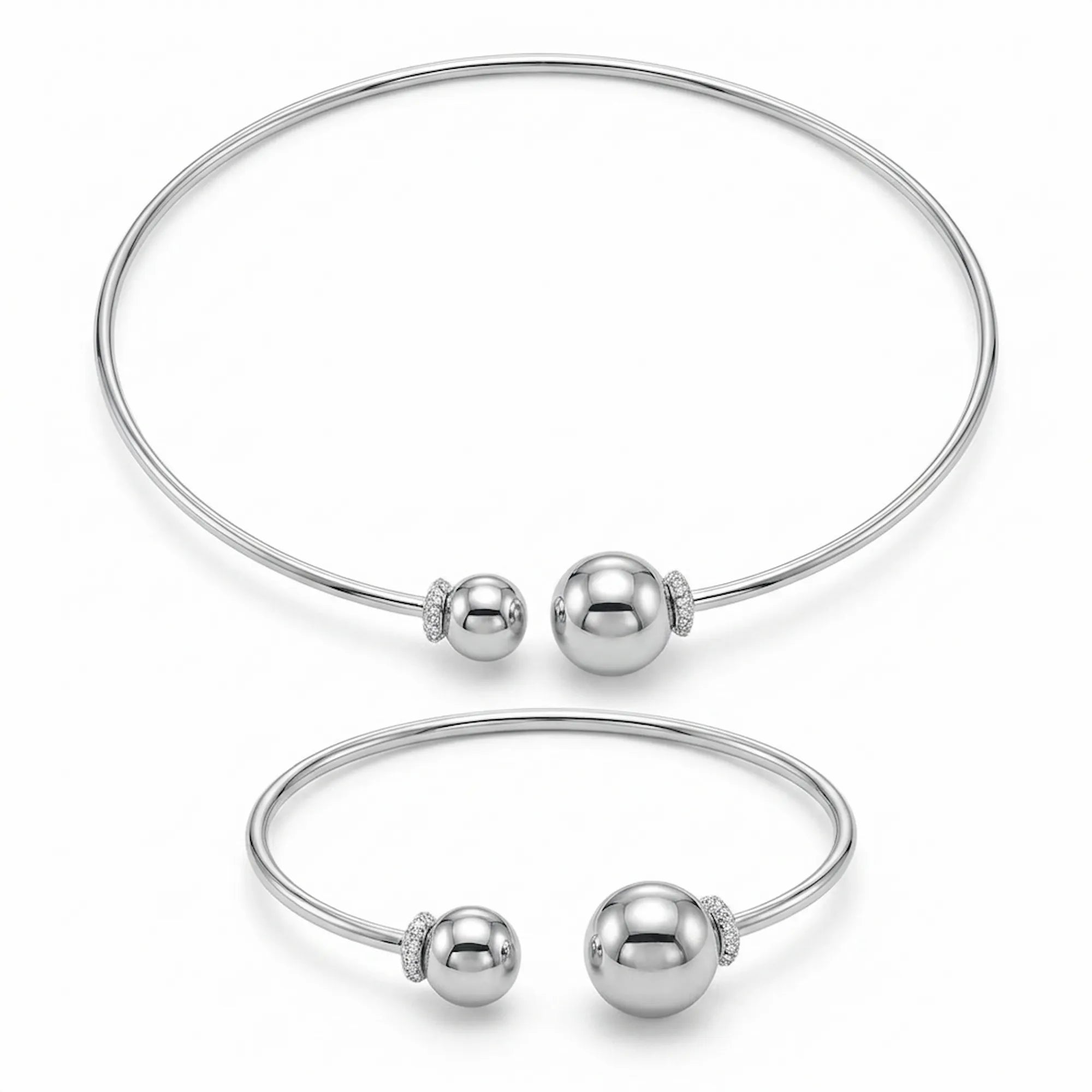 Buy the elegant 925 sterling silver choker and bangle set featuring pave cz stones on a clean white background.