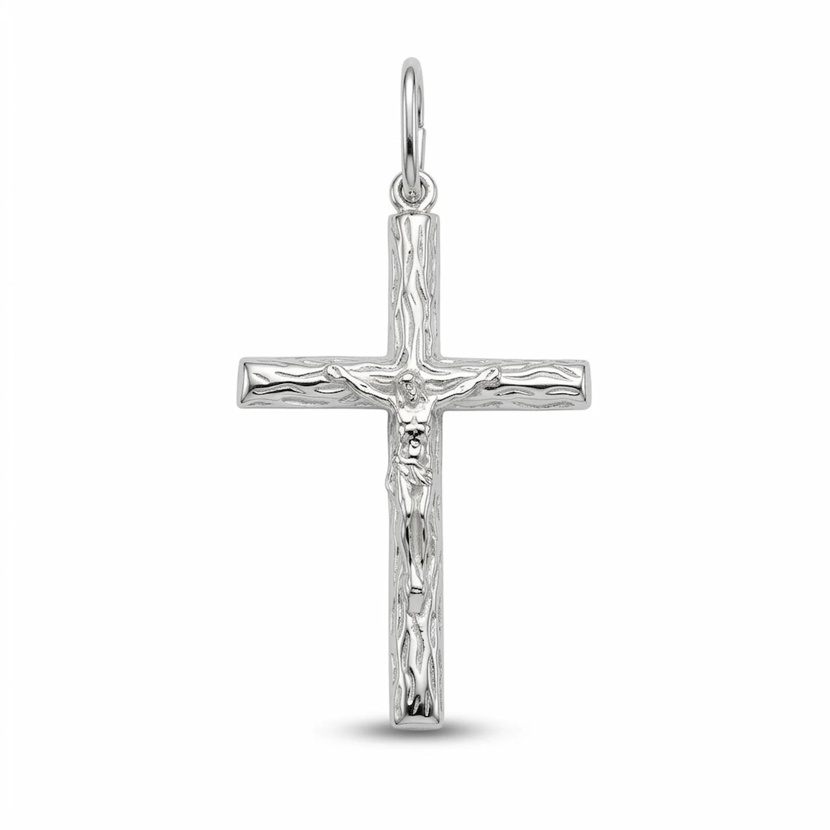 Solid 925 sterling silver crucifix pendant with raised Corpus and woodgrain-textured cross on white background in Dubai.