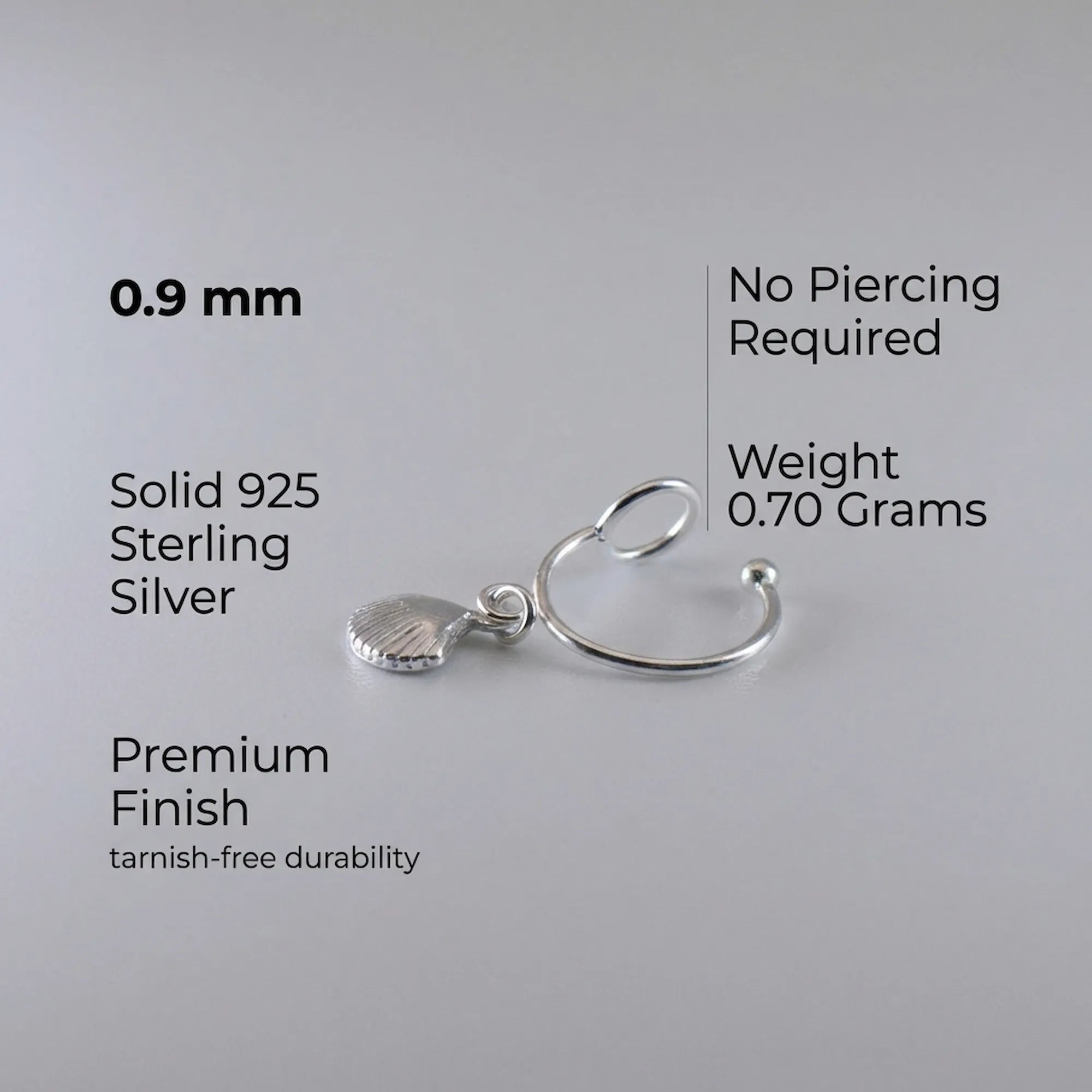 Technical infographic of the sterling silver ear cuff no piercing detailing the 0.70g weight, solid 925 silver material, and dimensions.