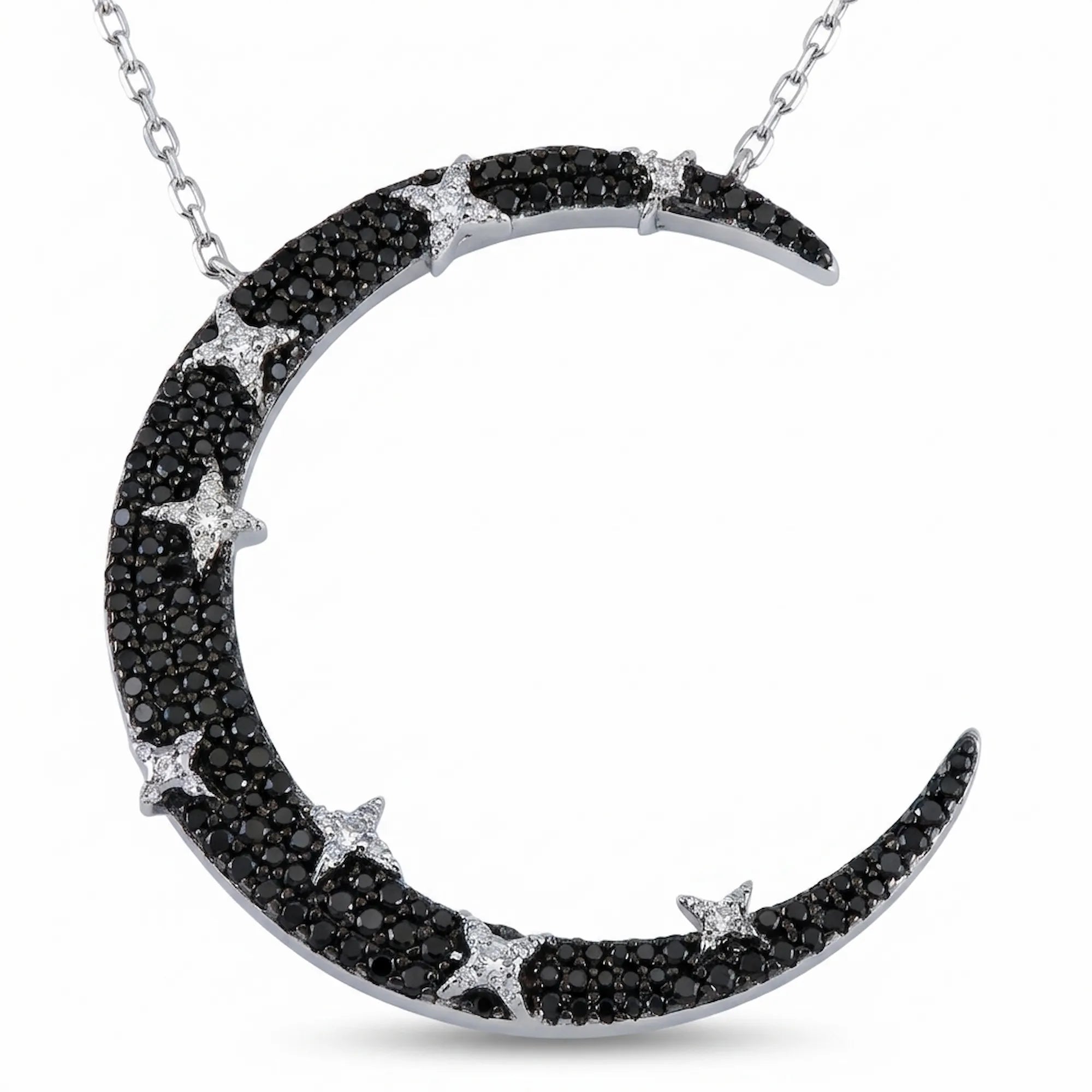 Front view of Luna Dura sterling silver moon necklace dubai featuring a black and white zircon pavé crescent moon on a white background.