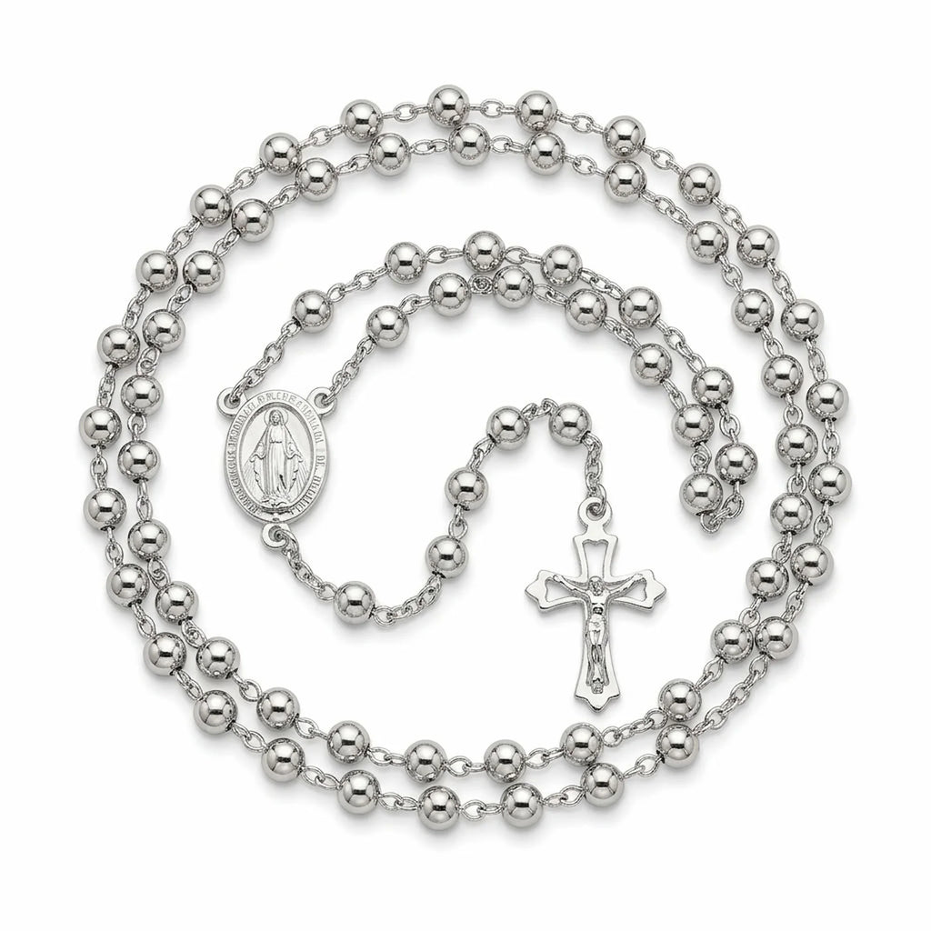 Italian sterling silver rosary beads with solid 4 mm rounds, oval Miraculous Medal and large openwork crucifix on white background.