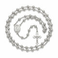 Italian sterling silver rosary beads with solid 4 mm rounds, oval Miraculous Medal and large openwork crucifix on white background.