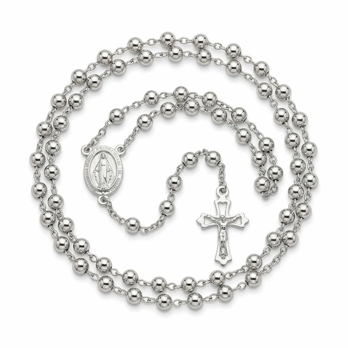 Italian sterling silver rosary beads with solid 4 mm rounds, oval Miraculous Medal and large openwork crucifix on white background.