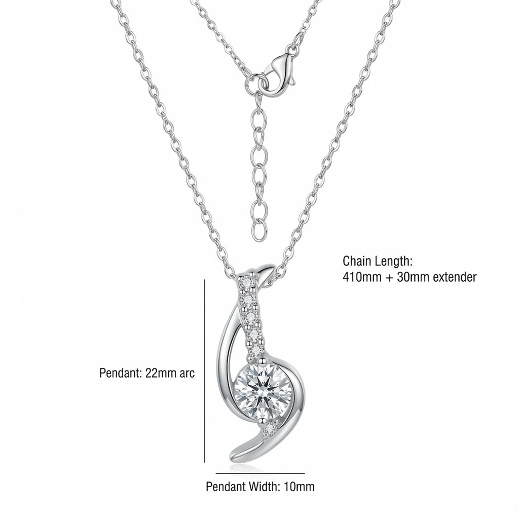 Swirl arc silver pendant necklace dimensions infographic — 22mm arc height, 10mm width, 410mm chain plus 30mm extender