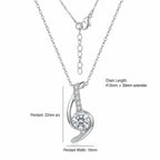 Swirl arc silver pendant necklace dimensions infographic — 22mm arc height, 10mm width, 410mm chain plus 30mm extender