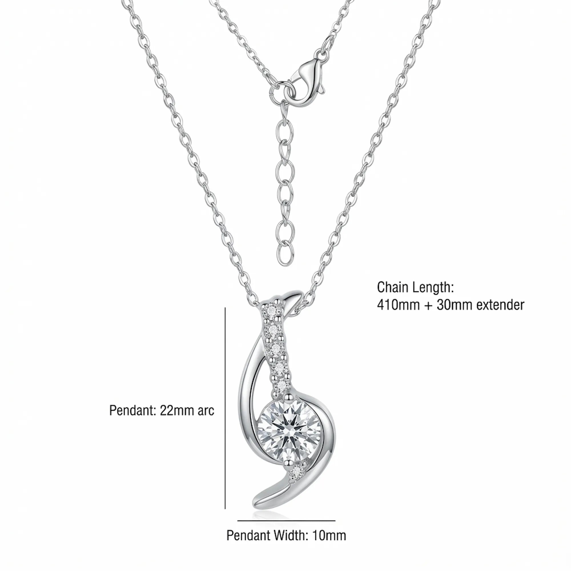 Swirl arc silver pendant necklace dimensions infographic — 22mm arc height, 10mm width, 410mm chain plus 30mm extender