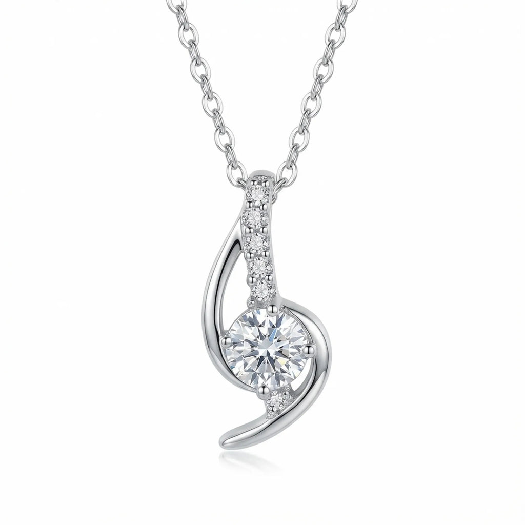 Swirl arc pendant necklace in 925 sterling silver with round CZ solitaire and pavé arm, white background