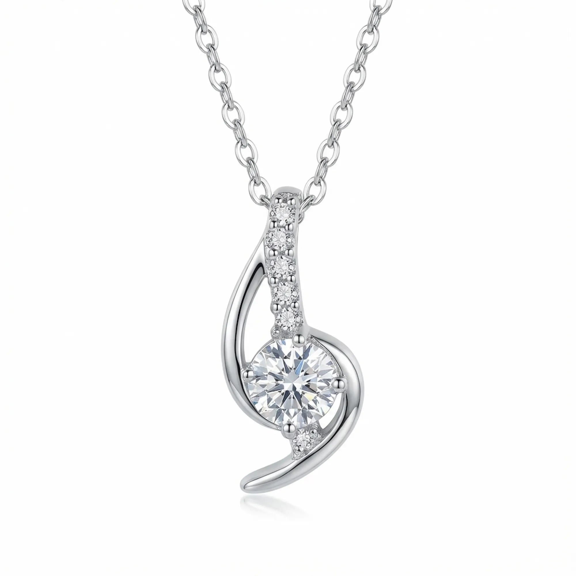 Swirl arc pendant necklace in 925 sterling silver with round CZ solitaire and pavé arm, white background