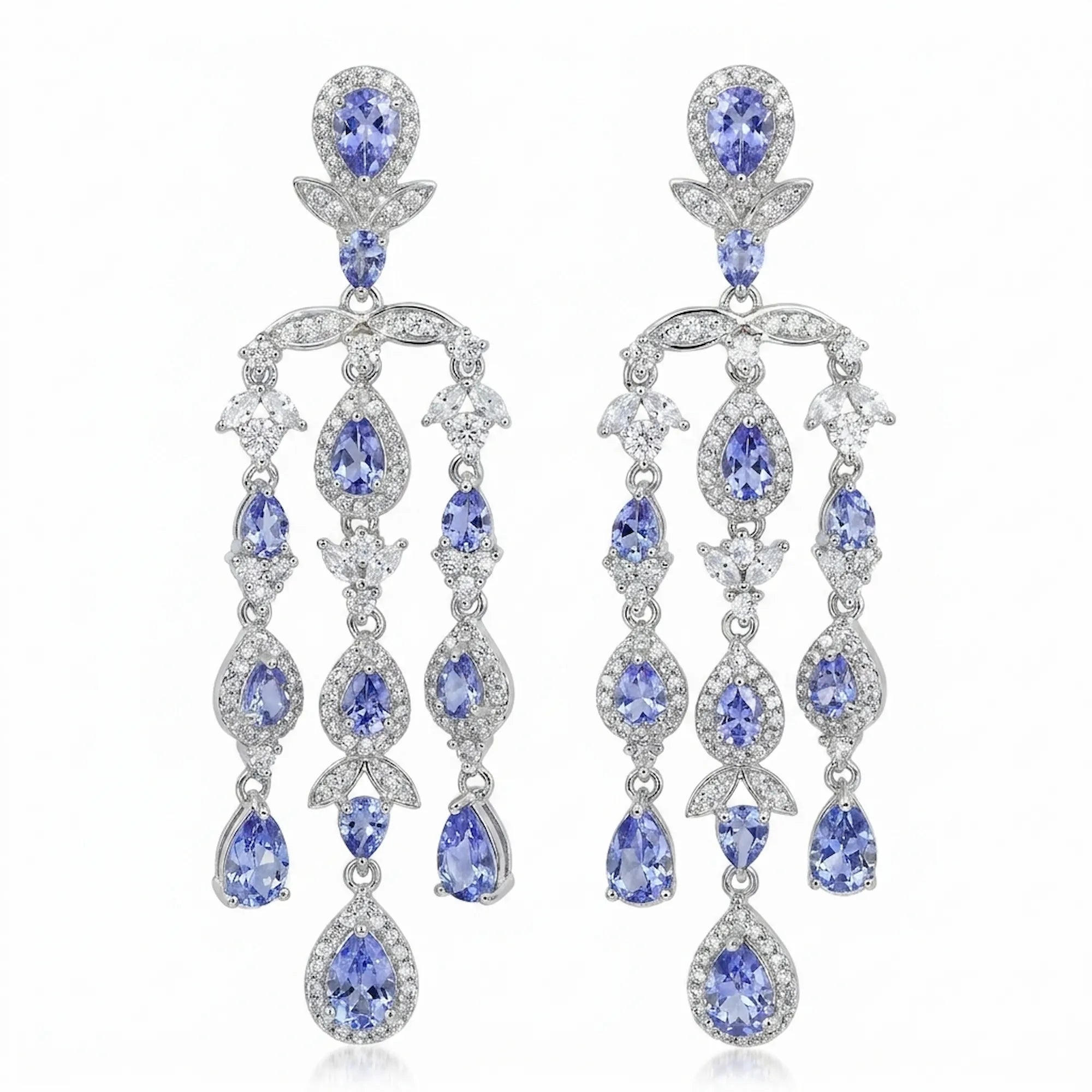 Tanzanite chandelier earrings in rhodium-plated 925 silver with cubic zirconia accents, Luna Dura Dubai.