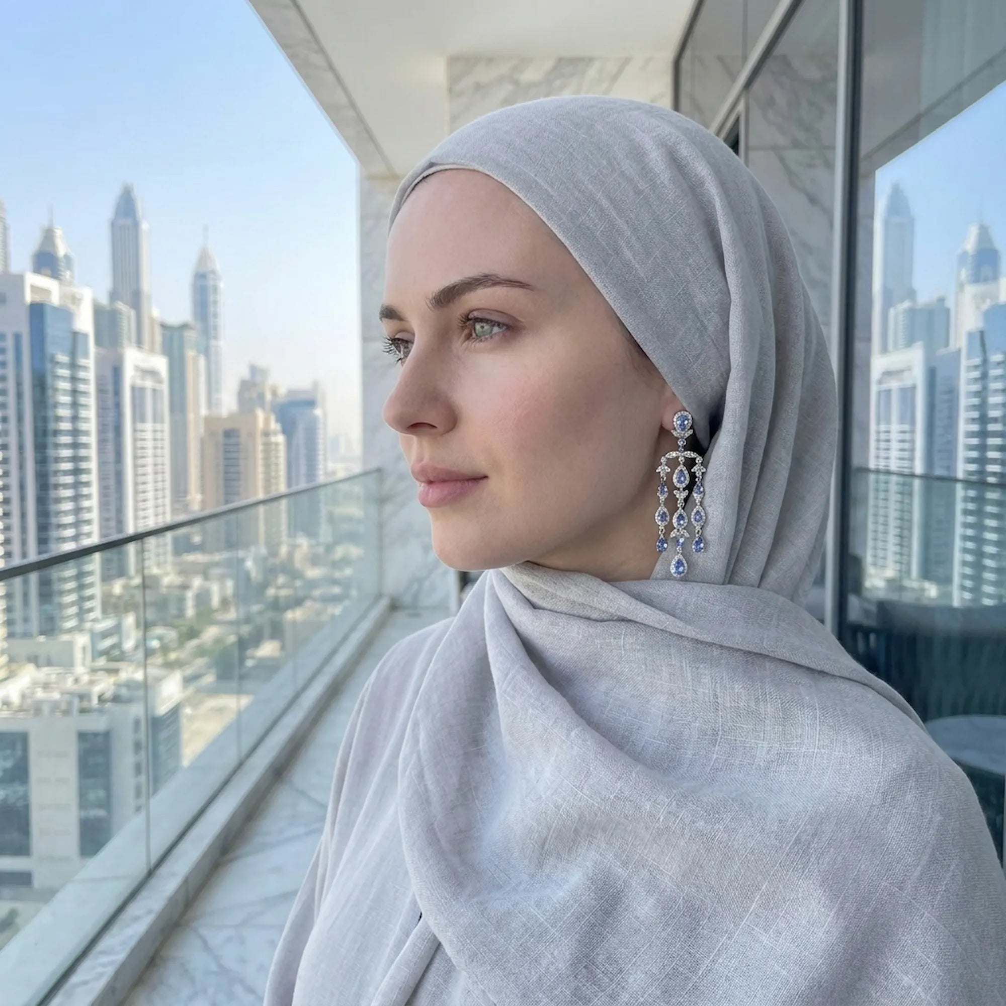 Woman in hijab wearing tanzanite chandelier earrings with the Dubai Marina skyline behind, Luna Dura.