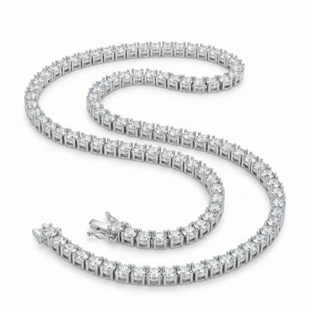 Close-up of a silver-tone tennis necklace closer lock with tarnish-resistant rhodium plating and shimmering diamond simulant stones