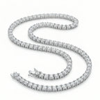 Close-up of a silver-tone tennis necklace closer lock with tarnish-resistant rhodium plating and shimmering diamond simulant stones
