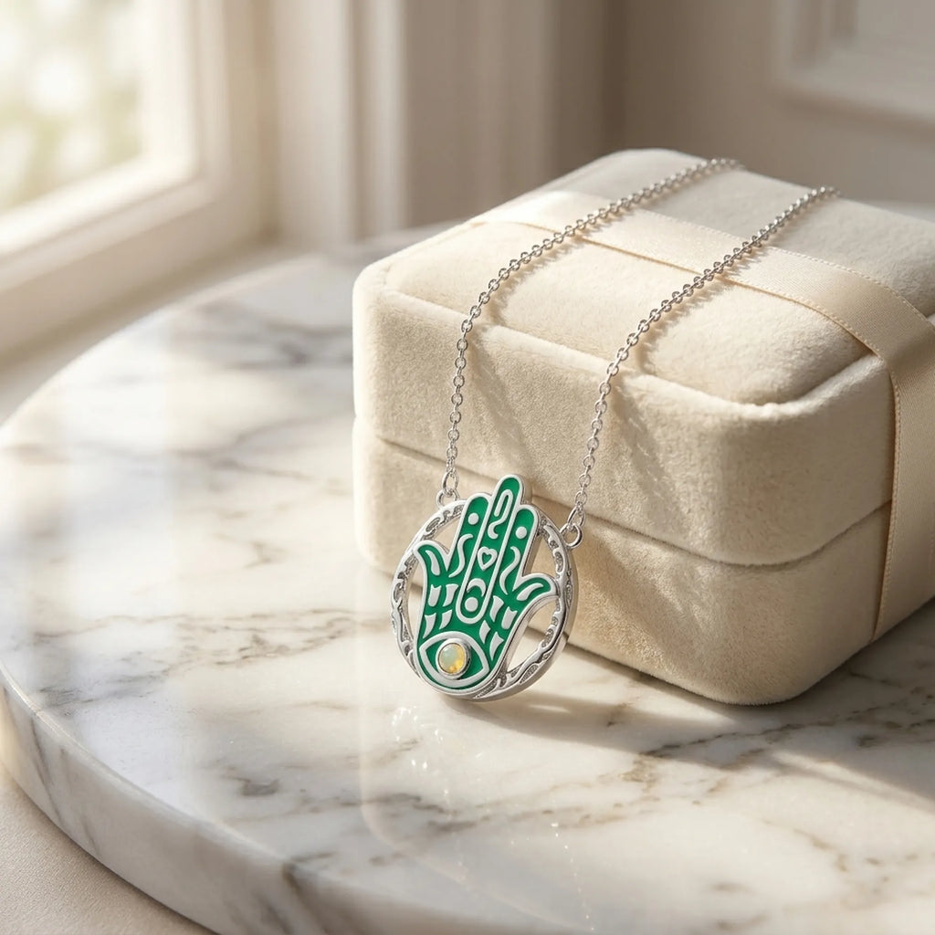 Teal Hamsa yellow opal pendant necklace in a cream velvet gift box, 925 sterling silver, Luna Dura Dubai.