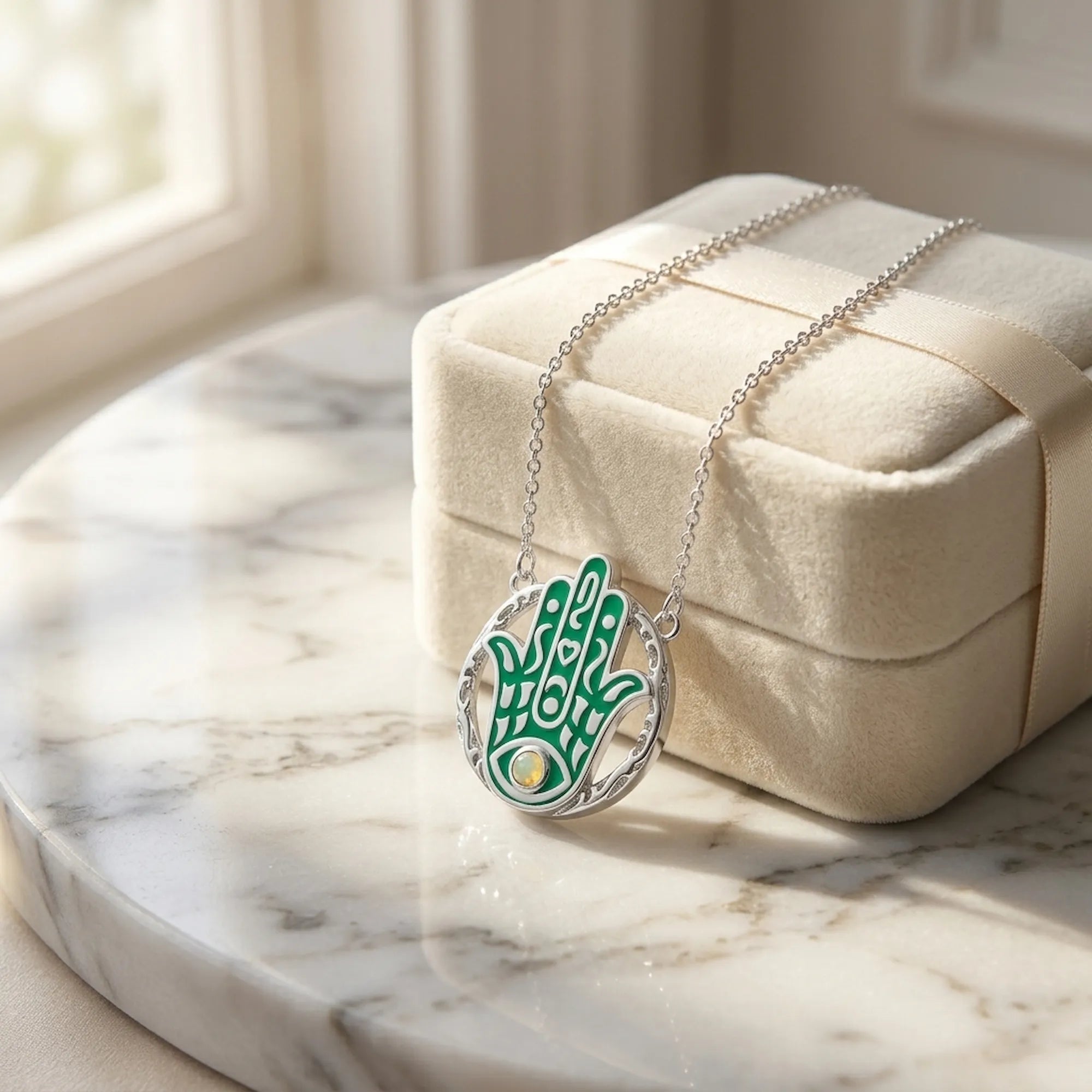 Teal Hamsa yellow opal pendant necklace in a cream velvet gift box, 925 sterling silver, Luna Dura Dubai.