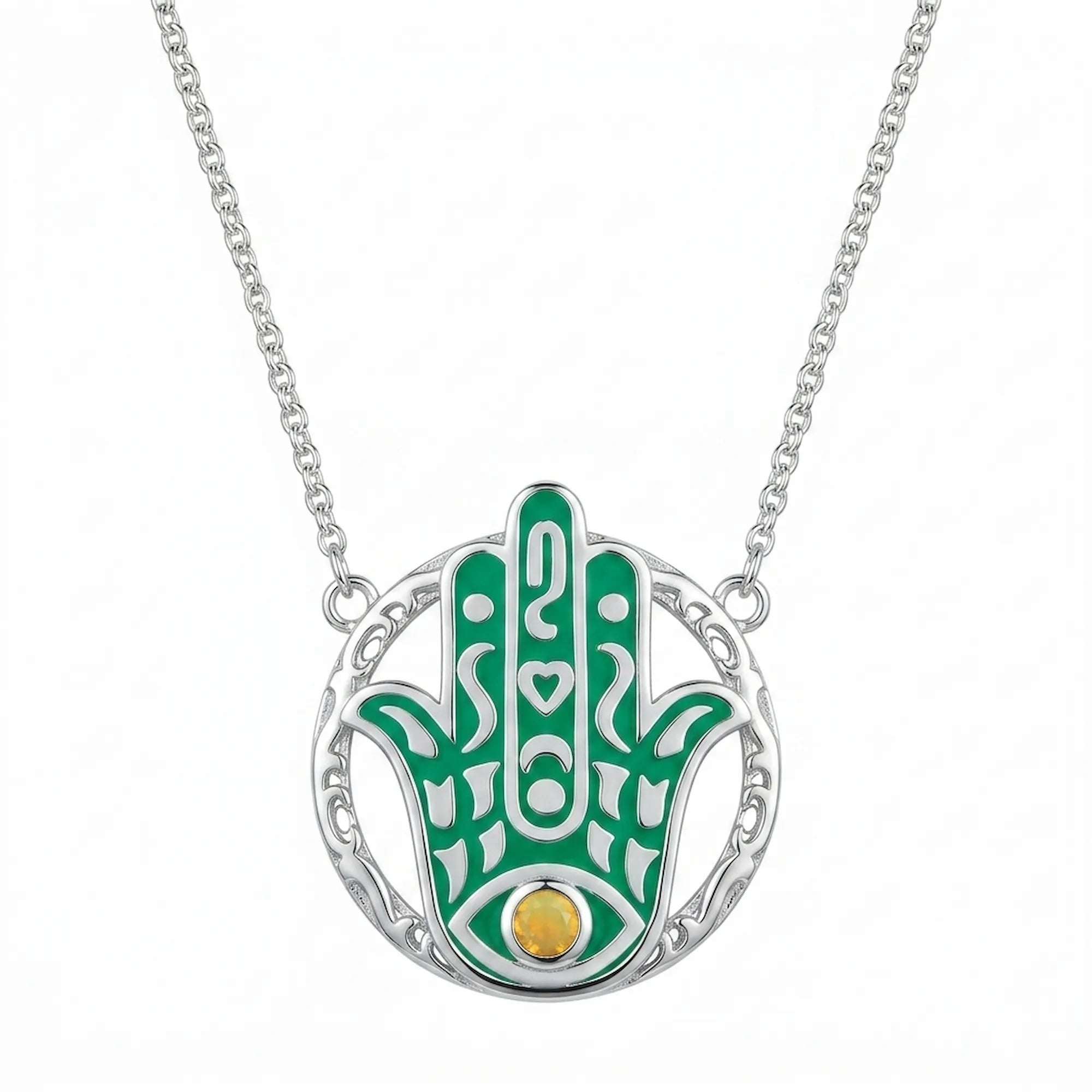 Teal enamel Hamsa hand pendant necklace in 925 sterling silver with a natural yellow opal eye, Luna Dura Dubai.