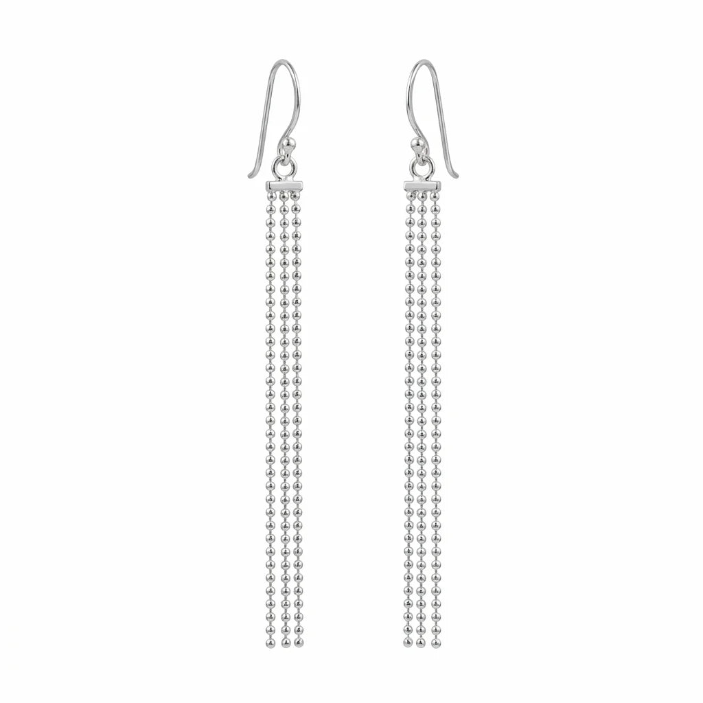 Triple ball chain 925 silver tassel dangle earrings with French wire hooks available in Dubai.