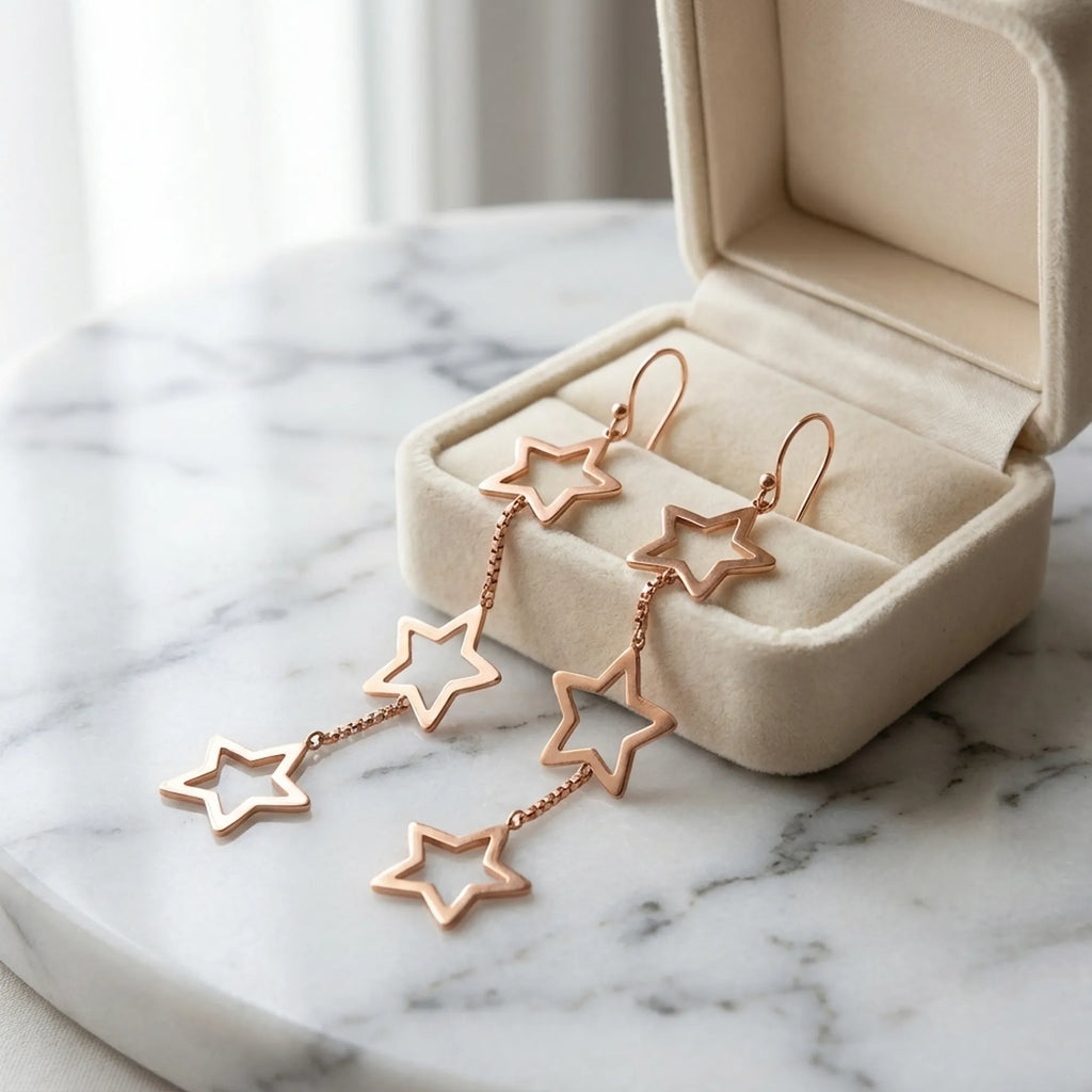 Rose-gold-plated triple star drop earrings in an open cream velvet jewelry box on a marble surface