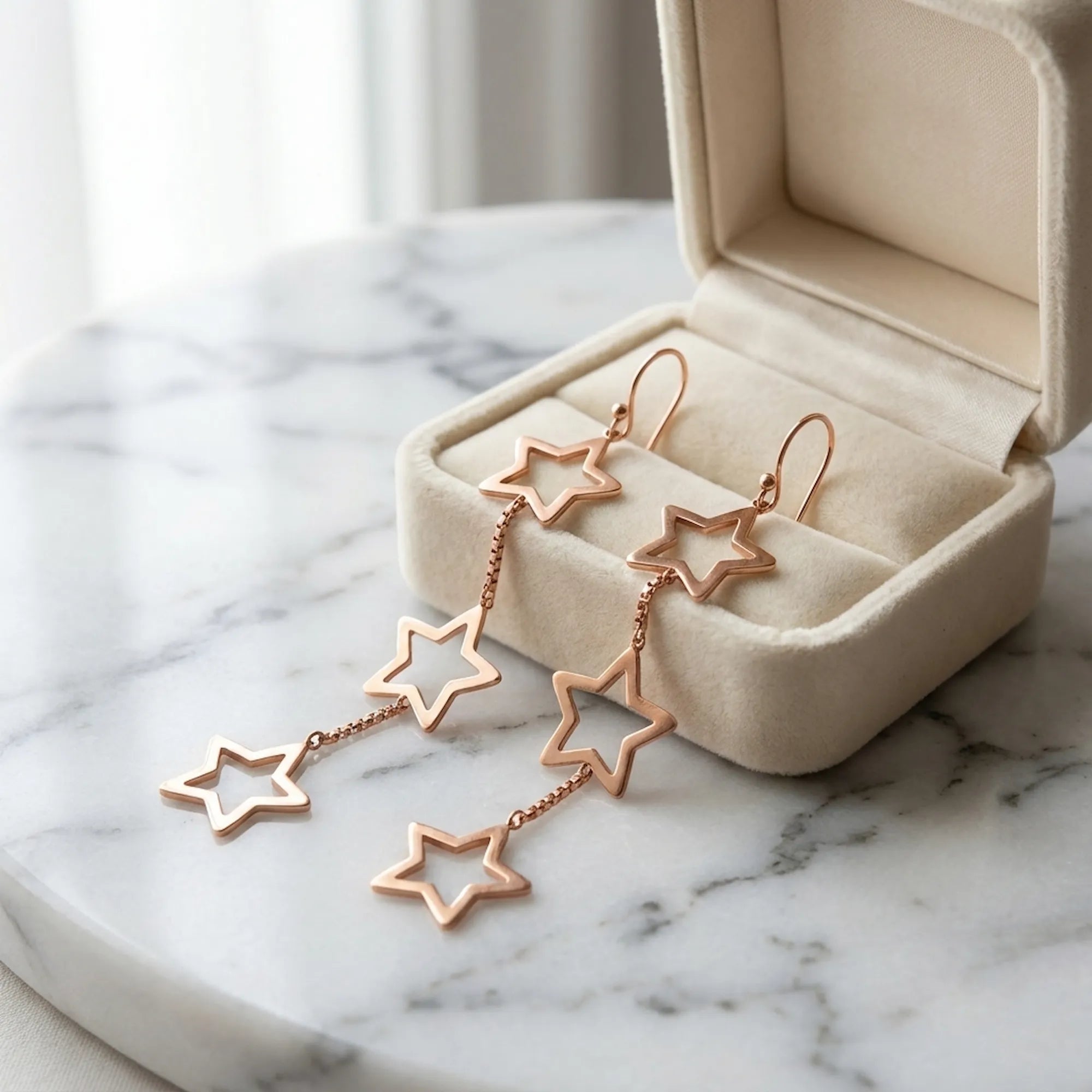 Rose-gold-plated triple star drop earrings in an open cream velvet jewelry box on a marble surface